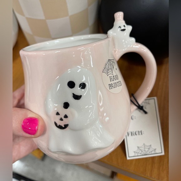 Halloween Pink Ghost Hand painted Ceramic Coffee Mug w/ Baby ghost Handle NWT - Picture 3 of 4
